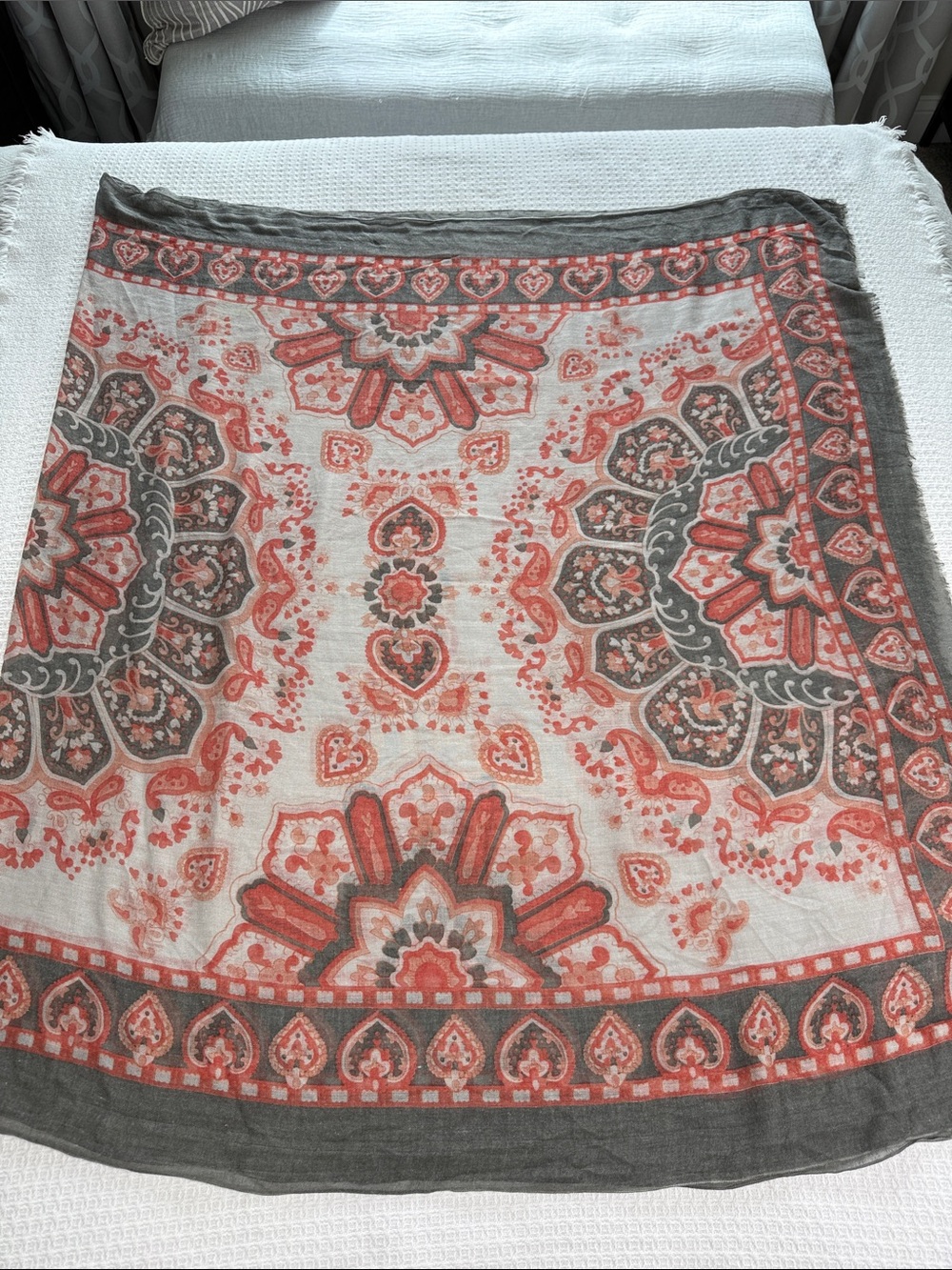 Theodora & Callum gray, orange, and white floral boho print large blanket scarf